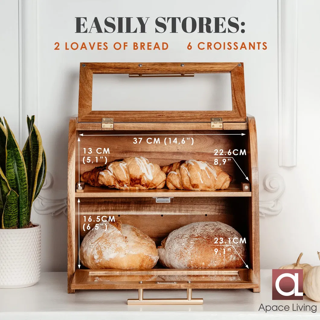 Large Double Acacia Wooden Bread Box Container Storage for Kitchen