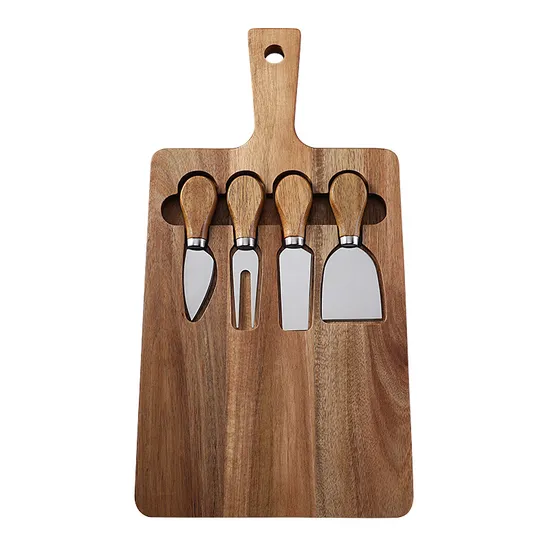 Sustainable Paddle Shape Acacia Wooden Cheese Board with 4 Cheese Knfe Set