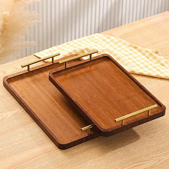 Deep Carbonized Rectangle Bamboo Serving Tray Set of 3 with Metal Handles