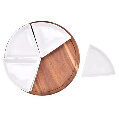 Round 12 Inch Lazy Susan Acacia Wood Serving Tray with 4 Divided Ceramics Bowls