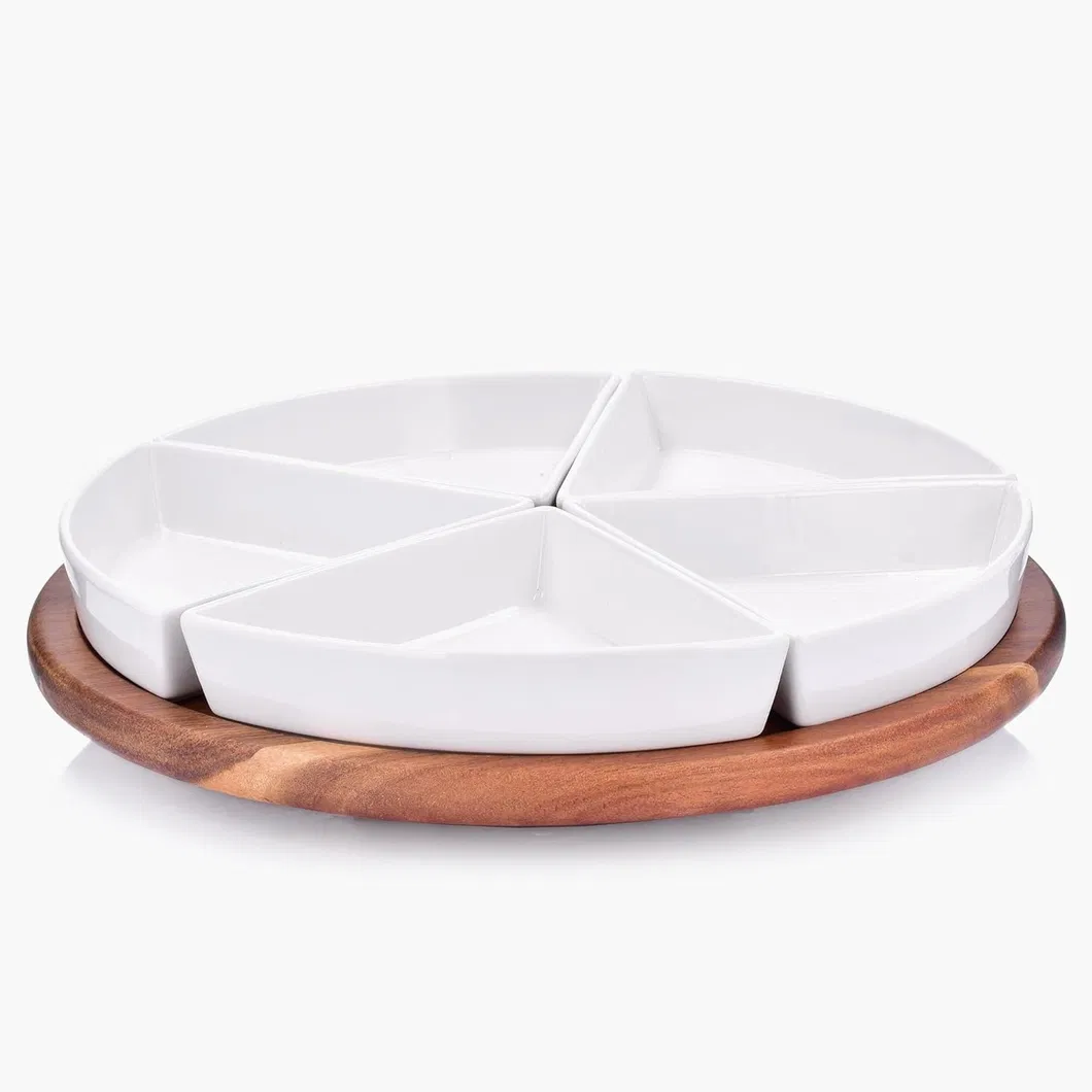 Round 12 Inch Lazy Susan Acacia Wood Serving Tray with 4 Divided Ceramics Bowls