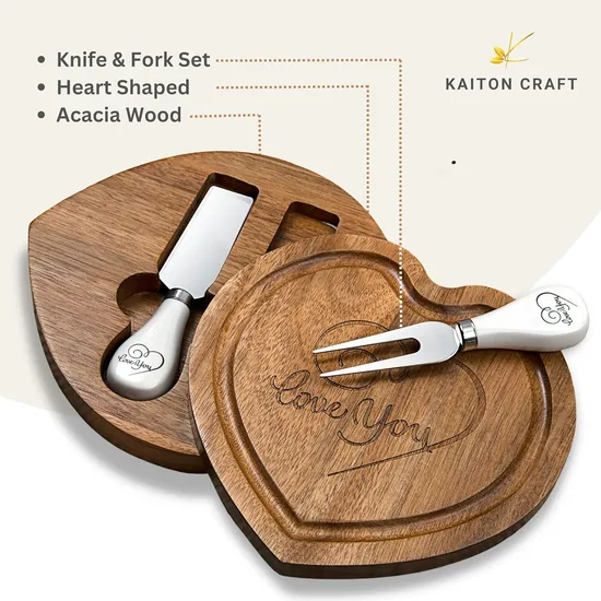 Heart Shape Wooden Cheese Server Tray /Board with Knife Set