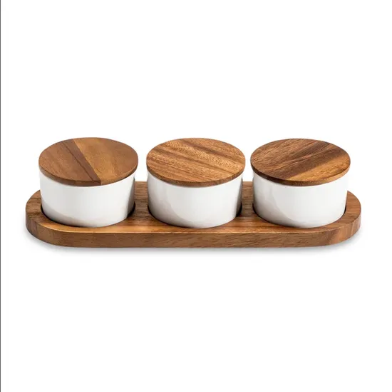 Ceramic Condiment Set Sauce Dish on Acacia Wood Base