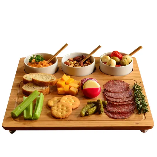 Bamboo Cheese Board and Knife Set with Ceramic Sauce Dishes for Serving Cheese, Charcuterie
