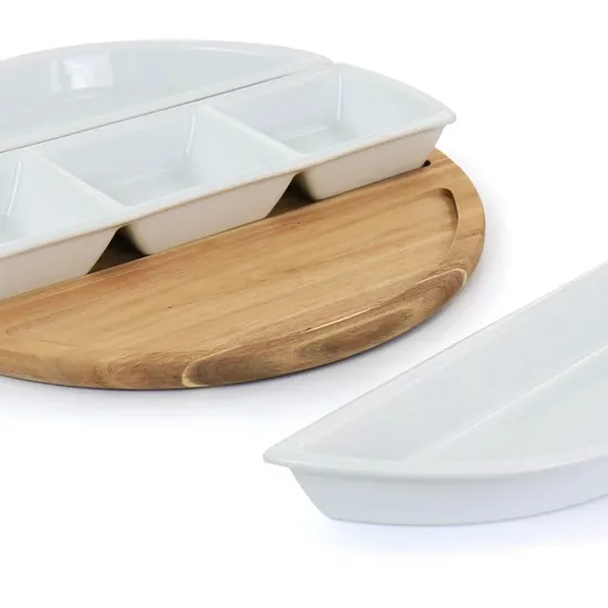 4 Piece Fine Ceramic Sectional Tray Set with Acacia Wood Base /Tray