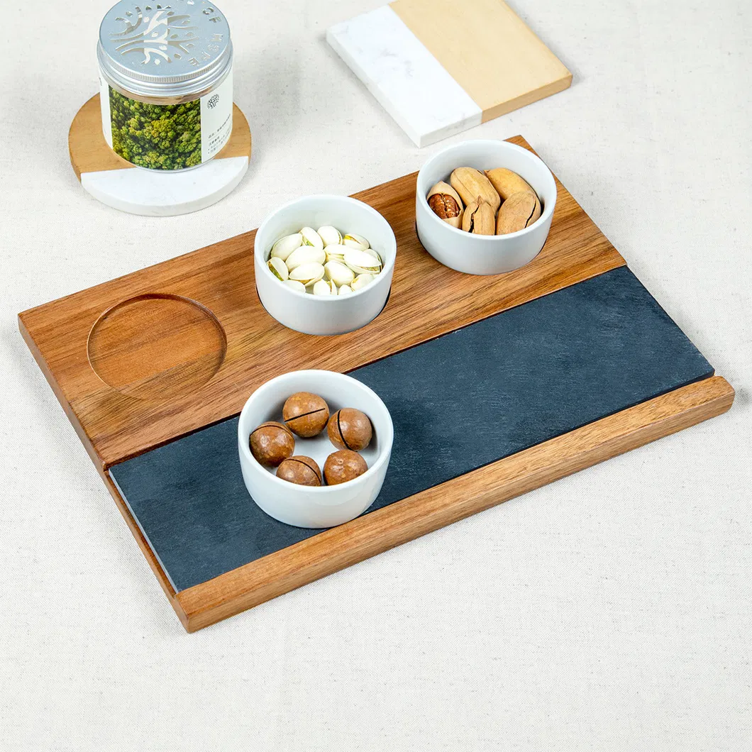 Rectangle Wood Serving Board with Slate and 3 DIP Cups