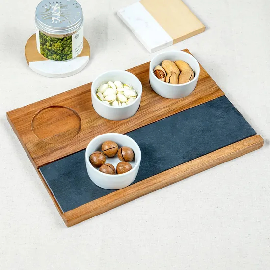 Rectangle Wood Serving Board with Slate and 3 DIP Cups
