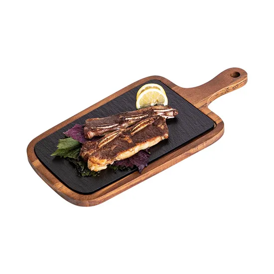 Acacia Wood Serving Platter with Black Slate Inlay and Handle