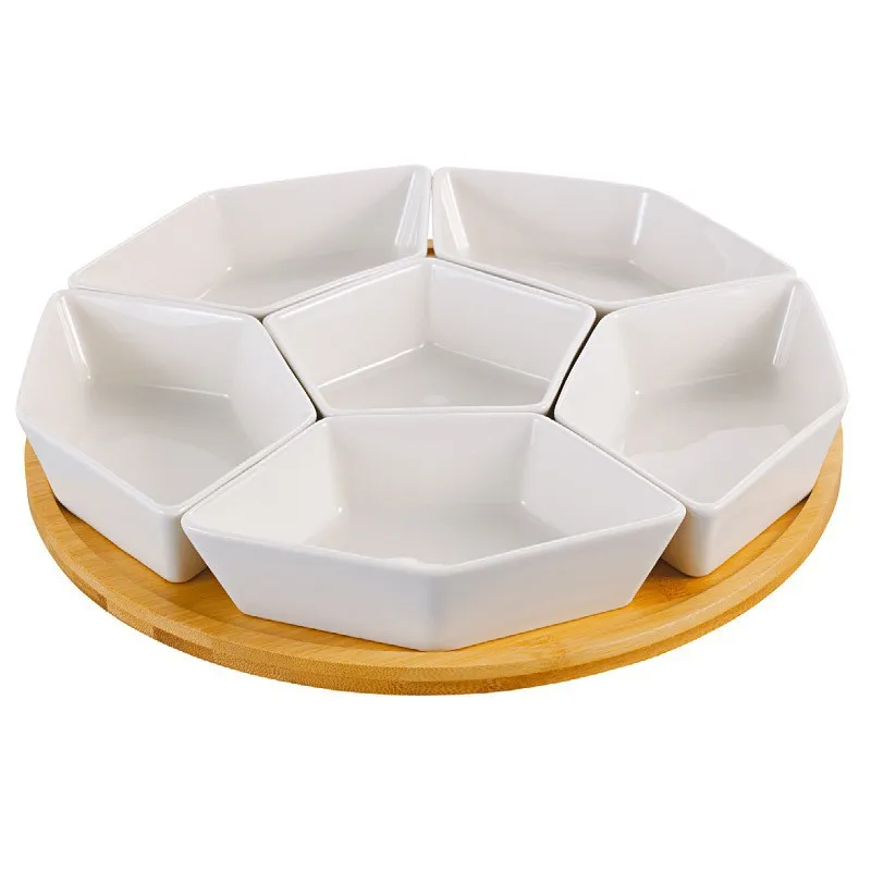 6-Compartment White Ceramic Appetizer and Condiment Server Set with Bamboo Tray