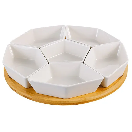 6-Compartment White Ceramic Appetizer and Condiment Server Set with Bamboo Tray