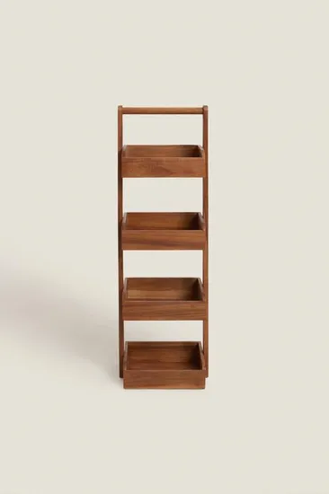 Versatile 4-Tier Floor Standing Acacia Wood Storage Rack for Bathroom and Living Room