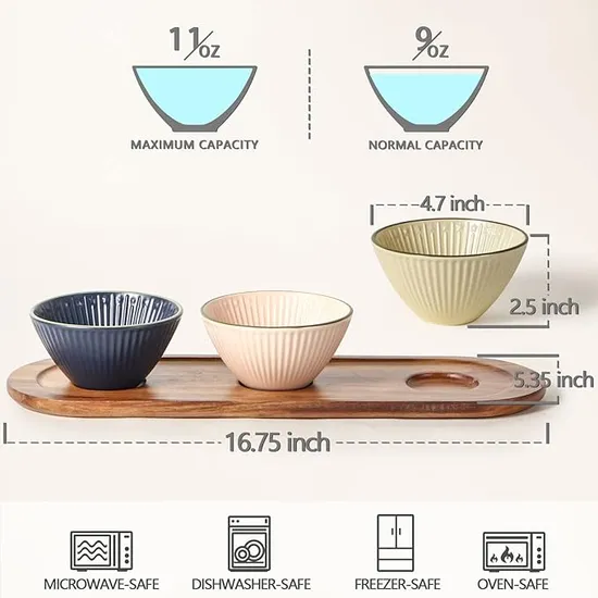 Acacia Wooden Tray with 3 Different - Color Ceramic Serving Bowls for Chip and DIP Set
