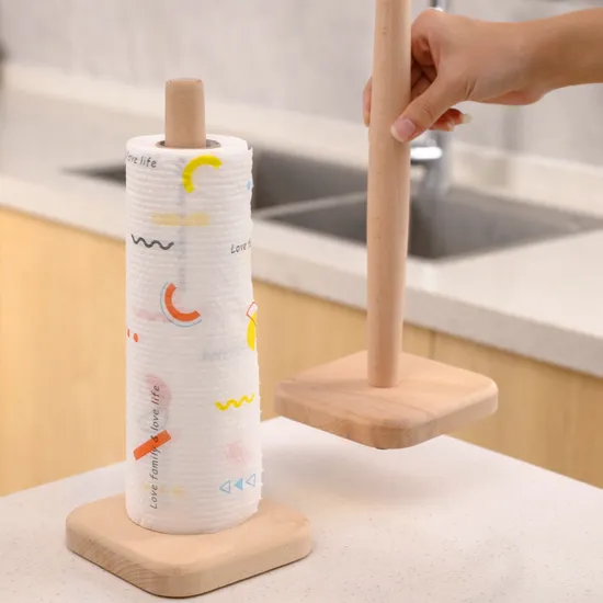 Beech Wood Suction Bathroom Toilet Paper Holder with Roll Paper Stand Organizer