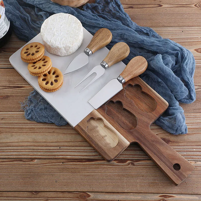 Marble and Acacia Wooden Serving Board with Cheese Knives Set and Handle