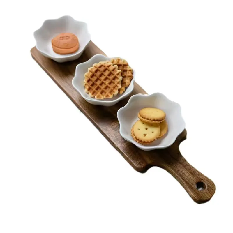 Long Acacia Wood Serving Platter with 3 Sauce Snack Dish