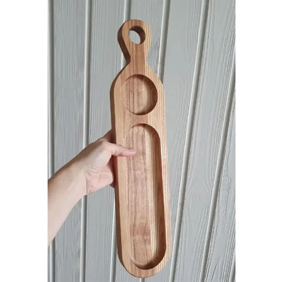 Long Bamboo Serving Tray Wooden Platter with Ceramic Sauce Dish