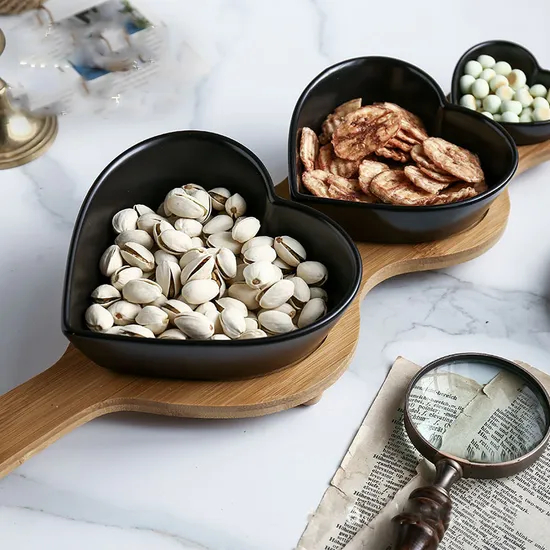 Bamboo Divided Serving Tray with Removable Ceramic Bowls for Dipping Sauces