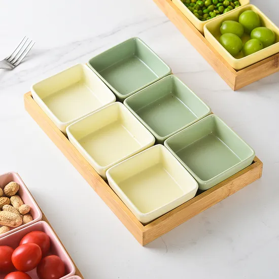 11.5 Inch 6 Compartment Ceramic Divided Serving Dish with Bamboo Serving Tray for Snacks, Candy, Appetizer