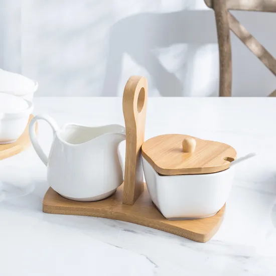 3 - Piece White Ceramic Sugar and Creamer Coffee Serving Set with Lid and Bamboo Serving Tray