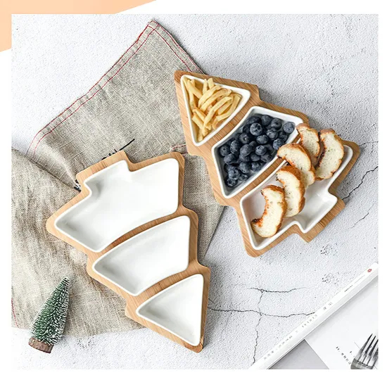Christmas Tree - Shaped Bamboo Tree Tray with 3 White Removable Ceramic Snack Appetizer Plates