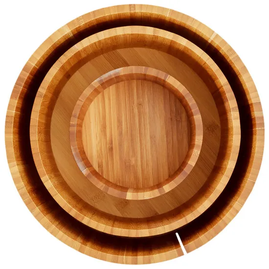 3 Piece Round Bamboo Food Display Riser Set Salad Bowl Set