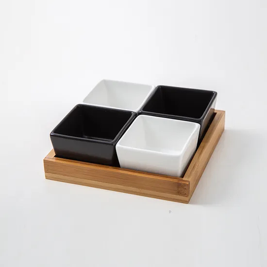 Bamboo Serving Tray with 4 Divided Ceramic Section Plates for Party Bar Food Snack Fruit Caddy