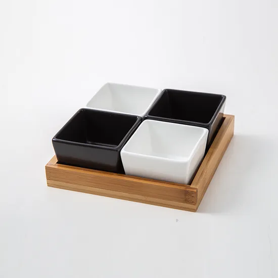 Bamboo Serving Tray with 4 Divided Ceramic Section Plates for Party Bar Food Snack Fruit Caddy