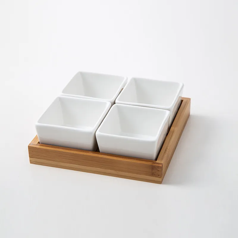 Bamboo Serving Tray with 4 Divided Ceramic Section Plates for Party Bar Food Snack Fruit Caddy