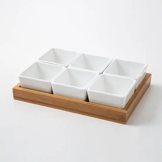 Hot Selling Ceramic Tableware Snack Appetizer Set Serving Plate with Wooden Bamboo Tray