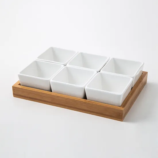 Hot Selling Ceramic Tableware Snack Appetizer Set Serving Plate with Wooden Bamboo Tray