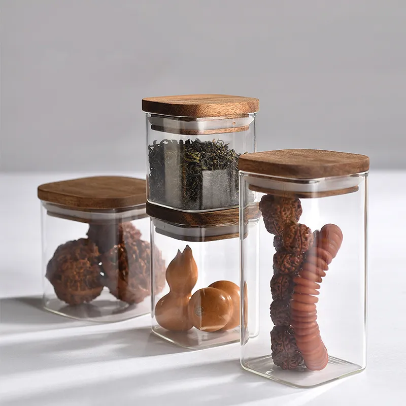 Clear Decorative Glass Organizer Bottle Canister Pantry Jar with Air Tight Wooden Lid