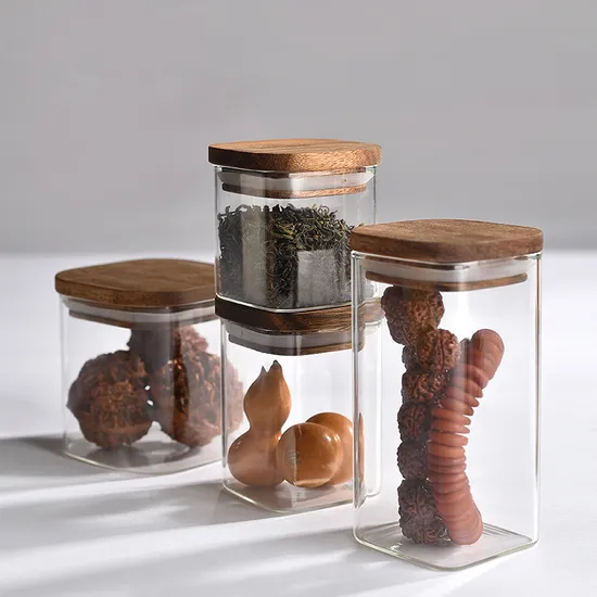Clear Decorative Glass Organizer Bottle Canister Pantry Jar with Air Tight Wooden Lid