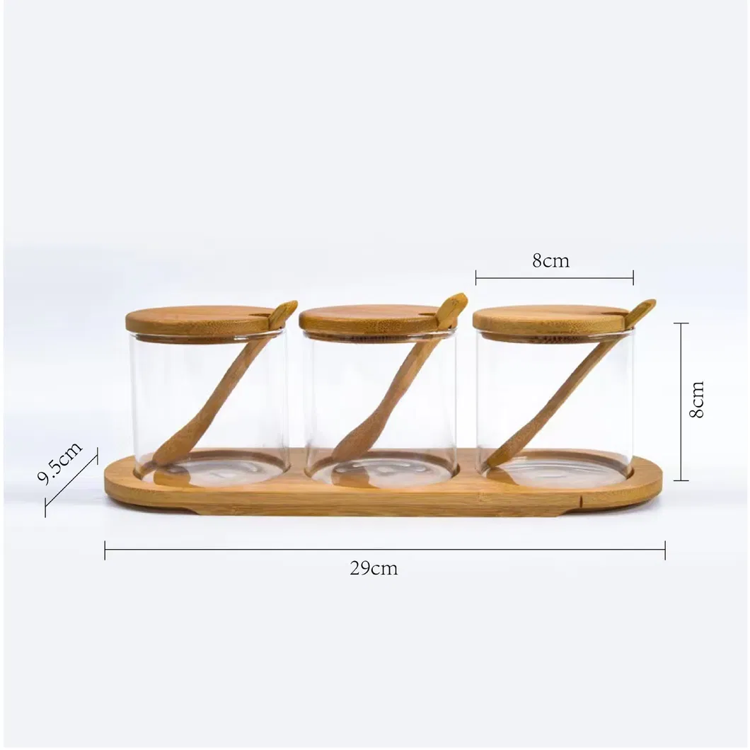 Clear Glass Spice Jars Set of 3 with Bamboo Lids and Spoons and Divided Bamboo Stand