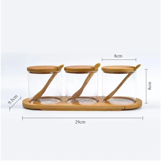 Clear Glass Spice Jars Set of 3 with Bamboo Lids and Spoons and Divided Bamboo Stand