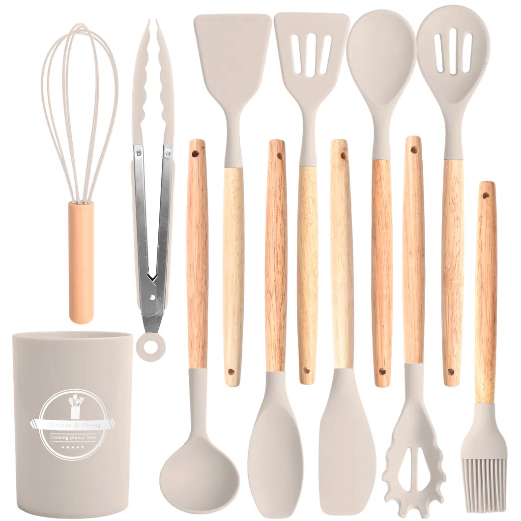Heat Resistant Turner Tongs Spatula Spoon Brush Whisk Silicone Cooking Utensils Kitchen Utensil Set with Wooden Handle