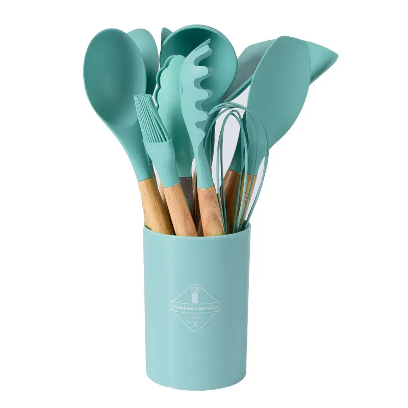 All-Purpose 12 PCS Silicone Kitchen Utensils Set Cooking Tools Kitchen Gadgets with Wooden Handle and Storage Holder