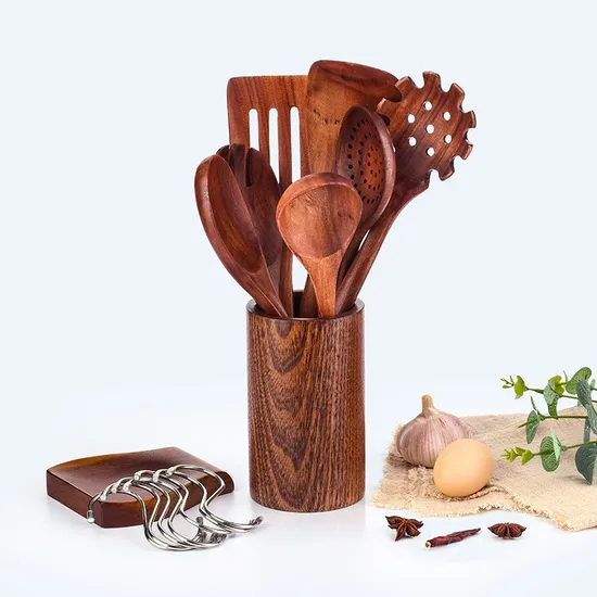 Hot Selling Teak Wood Kitchen Utensil Set Cooking Tools with Spoon Rest and Holder