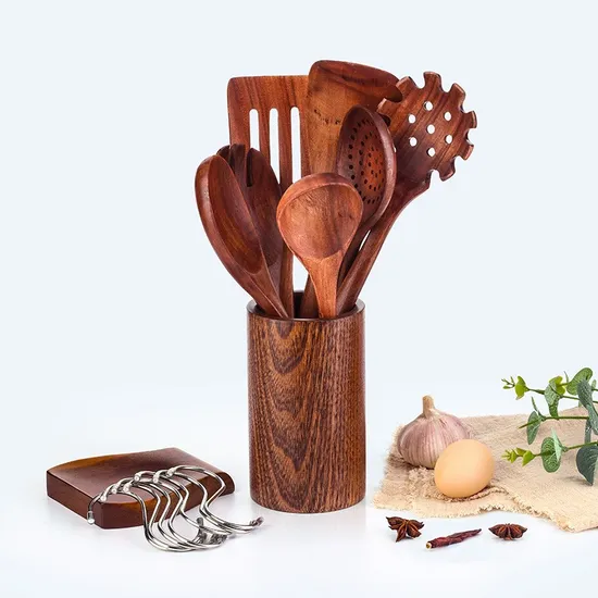 Hot Selling Teak Wood Kitchen Utensil Set Cooking Tools with Spoon Rest and Holder