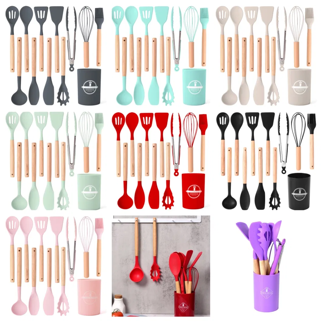 Hanging Non-Stick Silicone Spatula and Soup Ladle with Wooden Handle for Kitchen Cooking