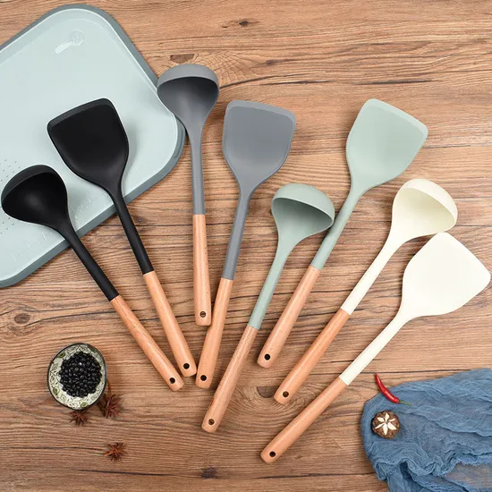 Hanging Non-Stick Silicone Spatula and Soup Ladle with Wooden Handle for Kitchen Cooking