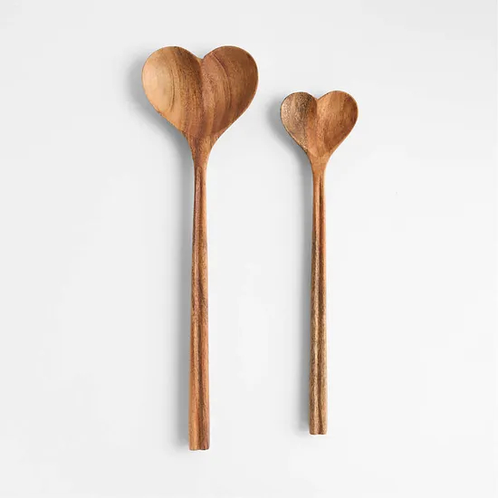 Heart Shape Acacia Wood Serving Spoon Set of 2 with Round Handle