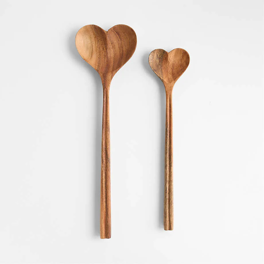 Heart Shape Acacia Wood Serving Spoon Set of 2 with Round Handle