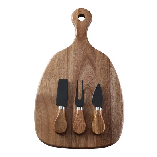 Round Shape Acacia Wood Charcuterie Appetizer Cheese Serving Board with Handles and Knives