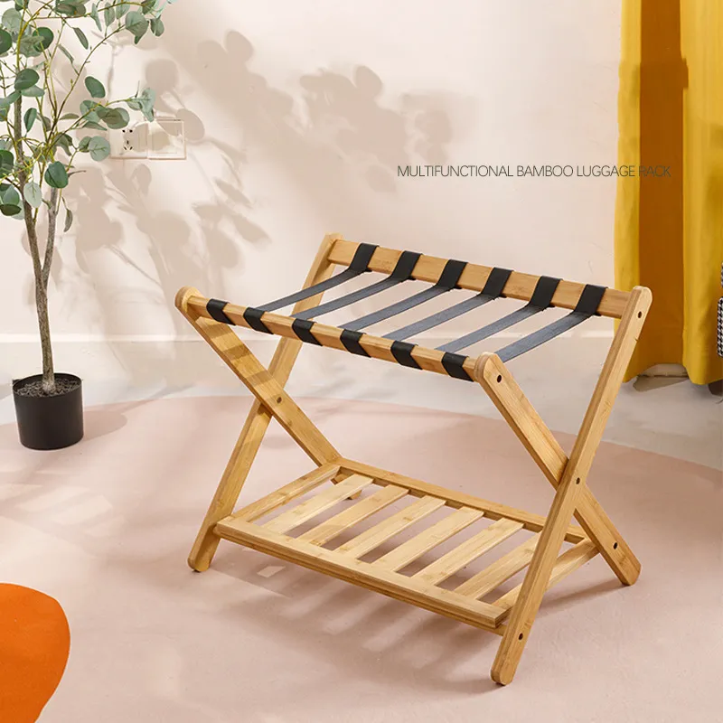 Hotel Room Floor-Standing Foldable Bamboo and Wood Luggage Rack Luggage Storage Slipper Rack.