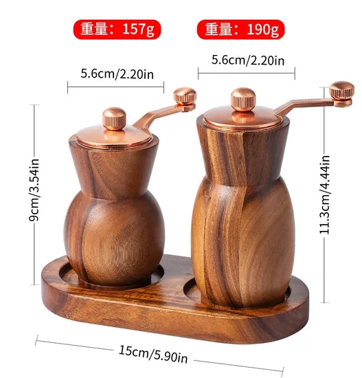 Hand-Cranked Acacia Wood Pepper and Salt Grinder Vase with Tray