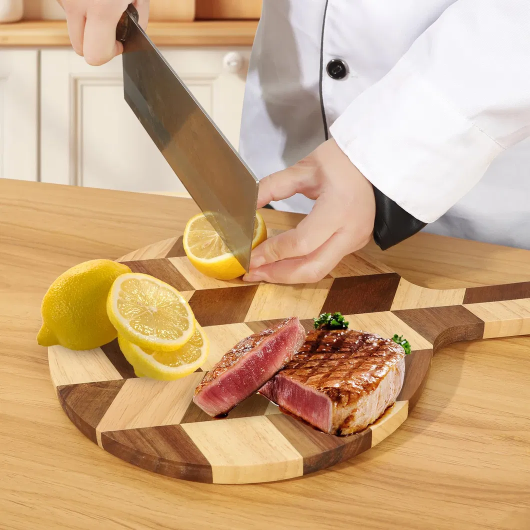 Herringbone Rubber Wood Serving Board Chopping Board with Handle