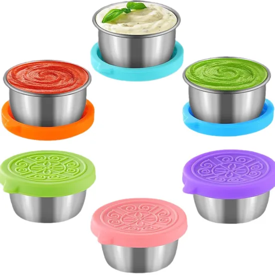 6 PCS Stainless Steel Condiment Cup with Silicone Lid for Lunch Box Picnic Travel Work
