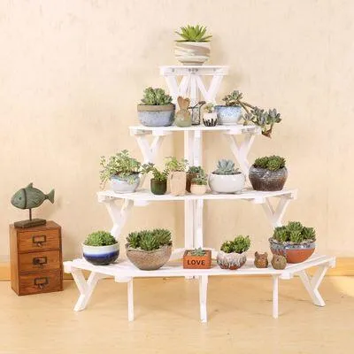 Stepped Style Solid Wood 4- Tier Corner Shelf Flower Rack Flower Pot Plant Stand