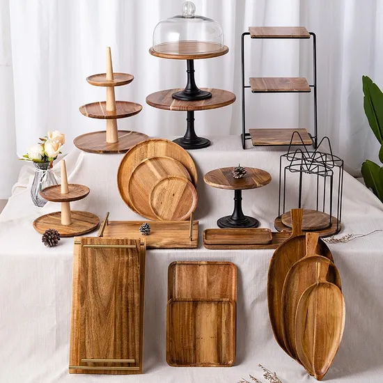 Rustic Double Use Round Acacia Wooden Bowl Cake Stand with Glass Dome