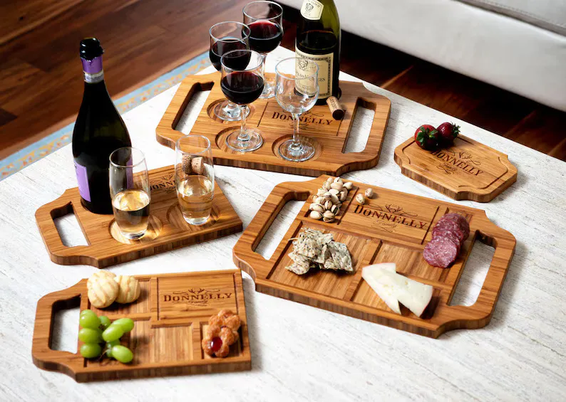 Organic Personalized Bamboo Serving Tray Charcuterie Board with Wine Glass